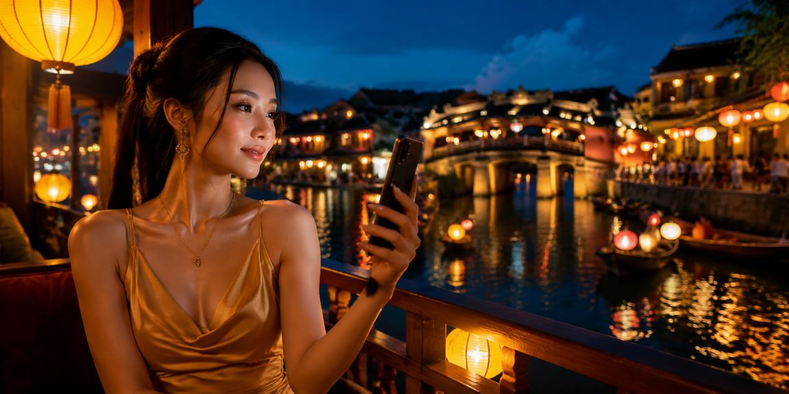 Người dùng trải nghiệm thanh toán casino trực tuyến trên điện thoại tại chợ đêm Hội An